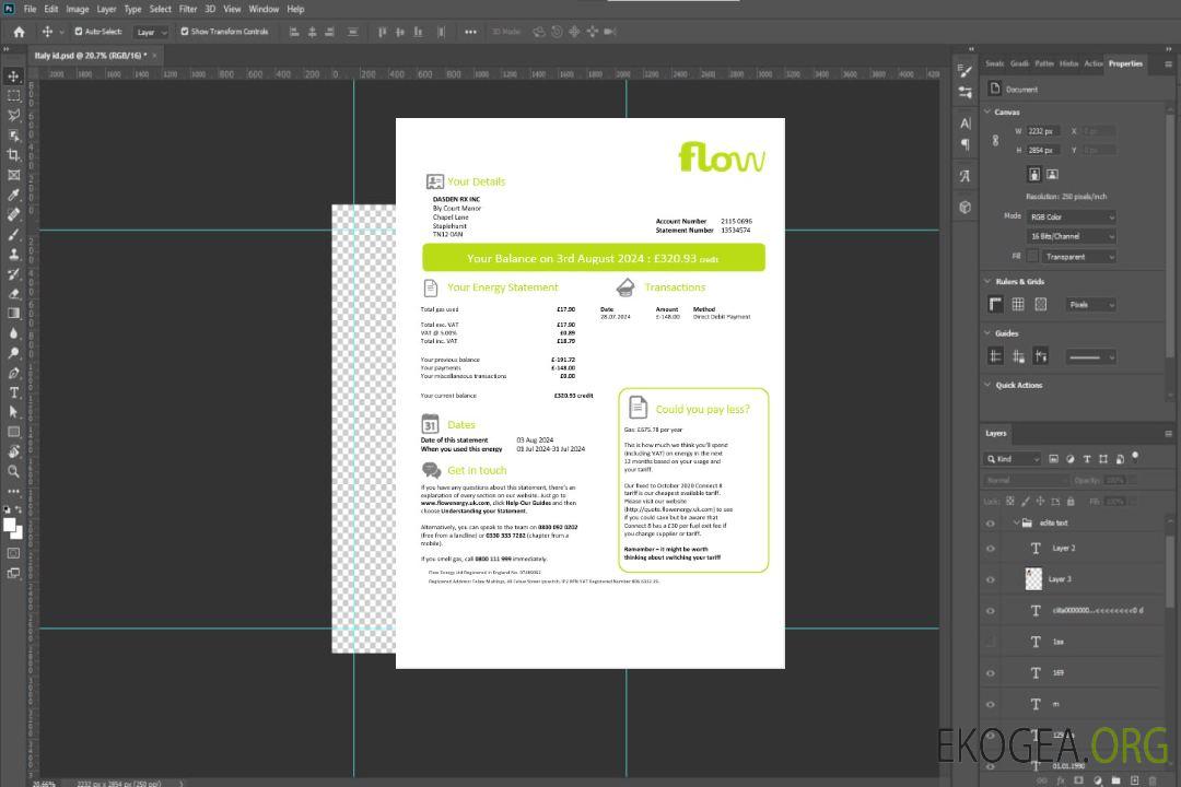 Modèle de facture de services publics pour les entreprises Flow Energy au Royaume-Uni aux formats Word et PDF template